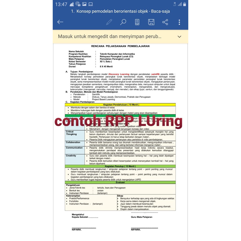RPP 1 lembar daring danLuring/tatap muka, SMK RPL Mapel Pemodelan Perangkat Lunak (C3) Kelas 11, 2 Semester