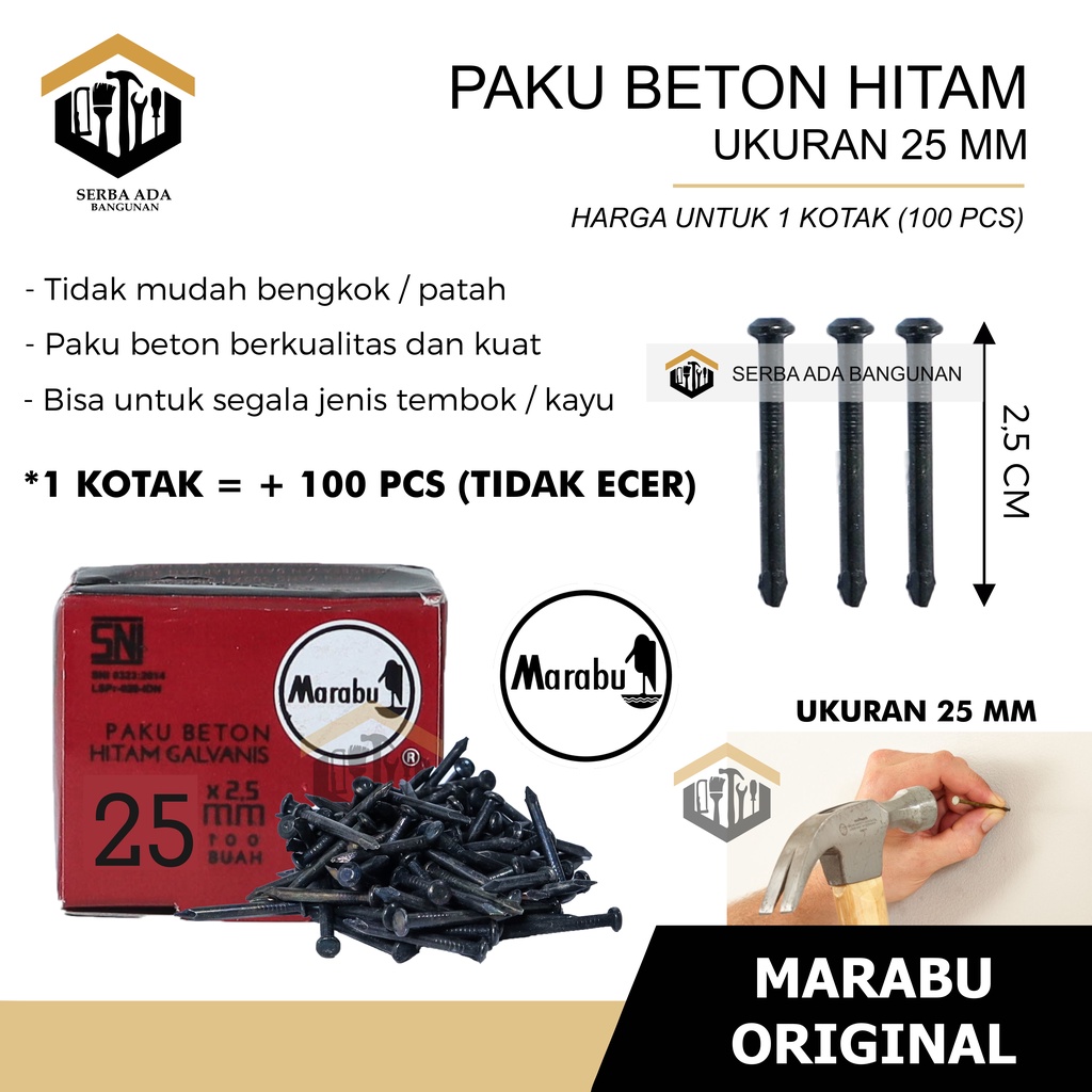 PAKU BETON SIZE 2- 2.5 - 3 - 4 -5 Cm MARABU HITAM GALVANIS HARGA 1BOX (100PCS) TERMURAH KOMPLIT