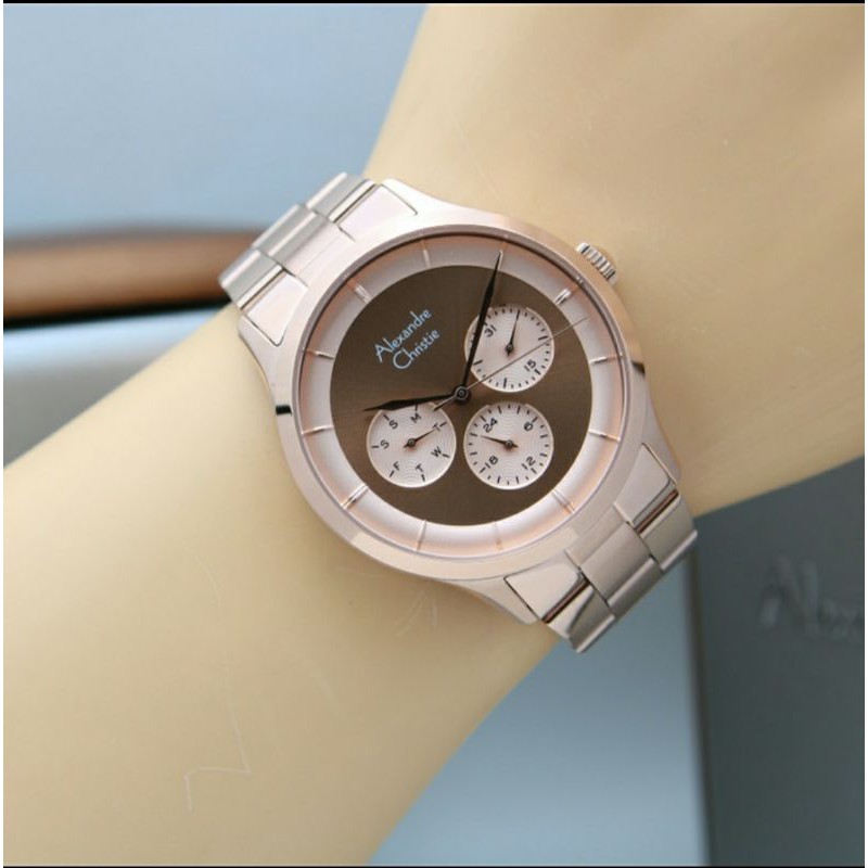 ORIGINAL JAM TANGAN WANITA ALEXANDRE CHRISTIE CEWEK ROSEGOLD BROWN RANTAI ALEXANDER CRISTIE AC 2889
