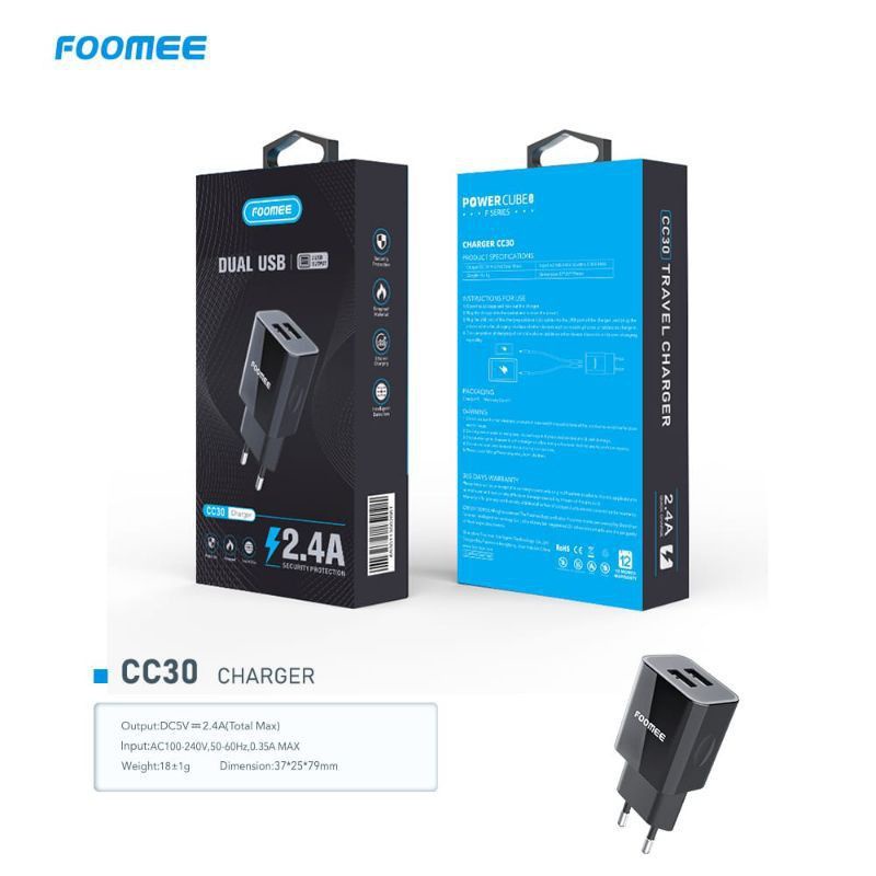 charger foomee cc30 plus kabel real 2.4A garansi 1tahun