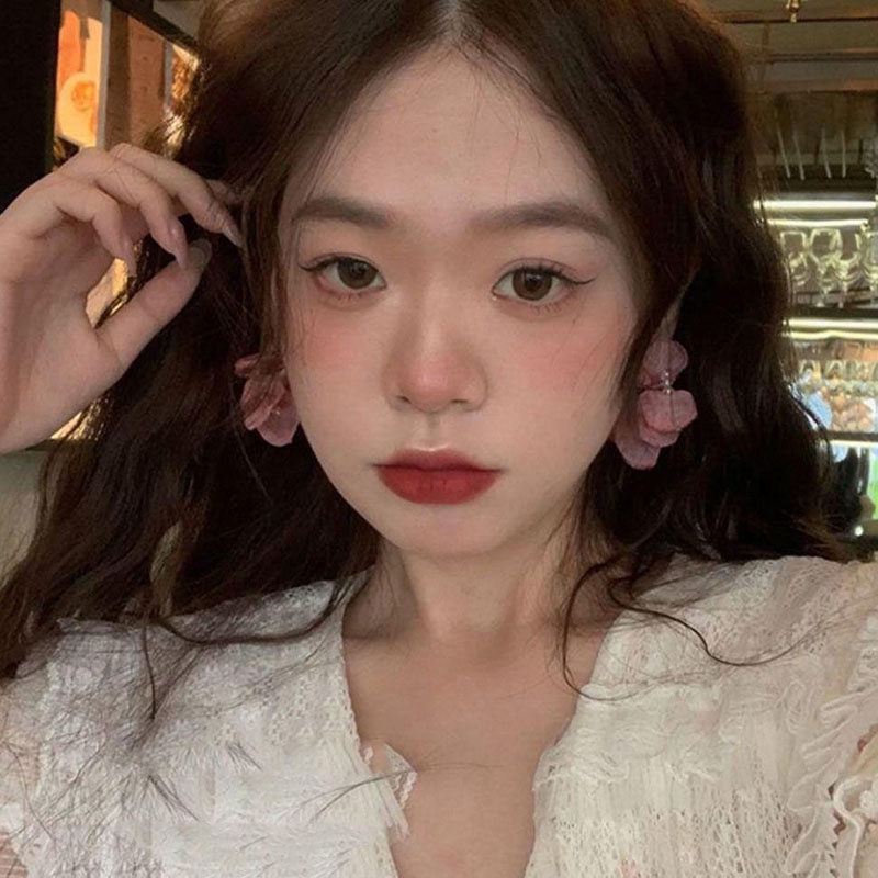 Anting Tusuk Motif Bunga Pink Lucu Ala Jepang / Korea Untuk Wanita