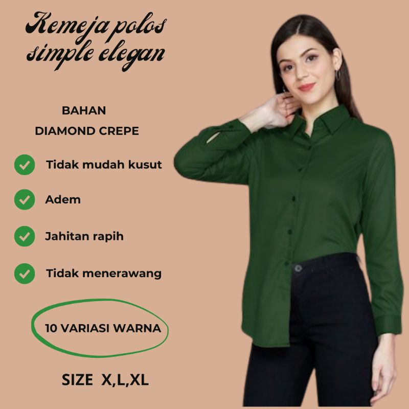 baju kemeja kerja wanita remaja terbaru warna hijau botol bahan import kualitas premium kemeja polos