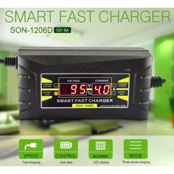 Taffware Charger Aki Mobil Wet Dry Lead Acid Digital Smart Battery Charger 12V6A SON-1206D Grab