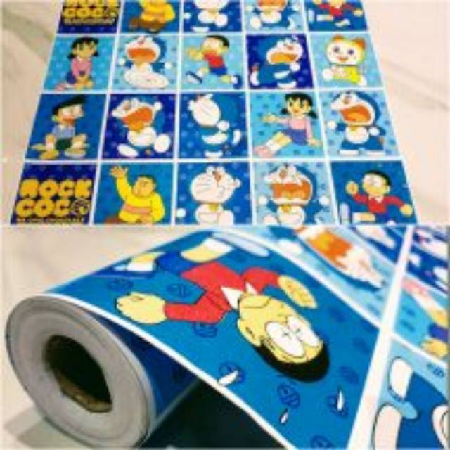 Grosir walpaper stiker dinding 3d motif cartoon doraemon warna biru