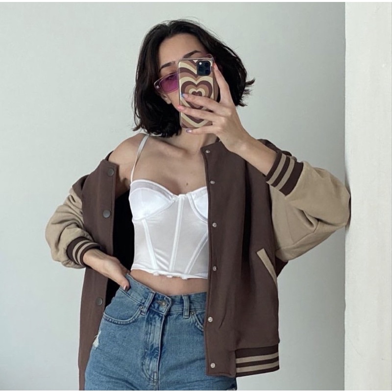 BROWN VARSITY JACKET - baseball jaket coklat