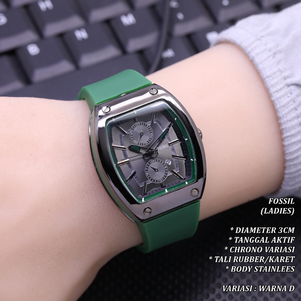 (BISA COD) JAM TANGAN WANTIA FASHION TALI RUBBER BODY OVAL HITAM TANGGAL AKTIF CHRONO VARIASI