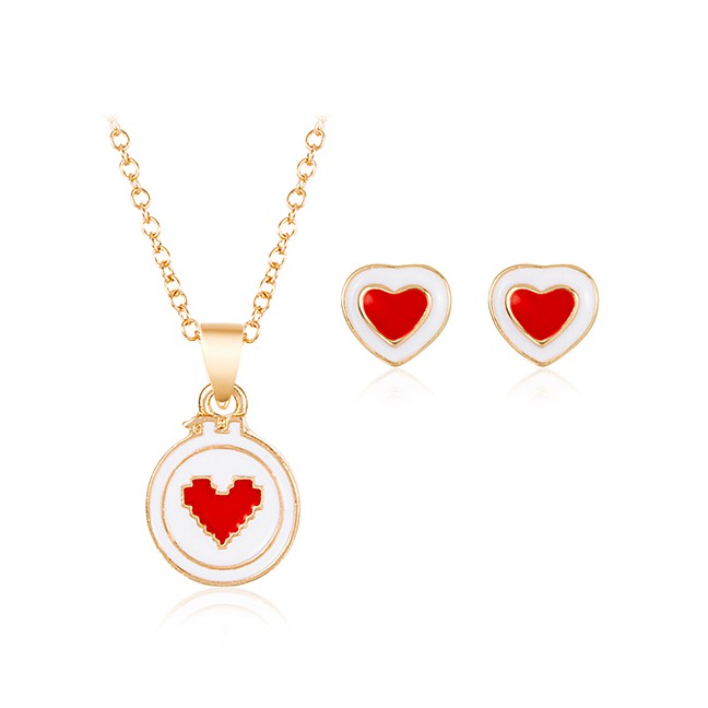 LRC Perhiasan Set Fashion Red Alloy Love Necklace Stud Earrings Set F58502