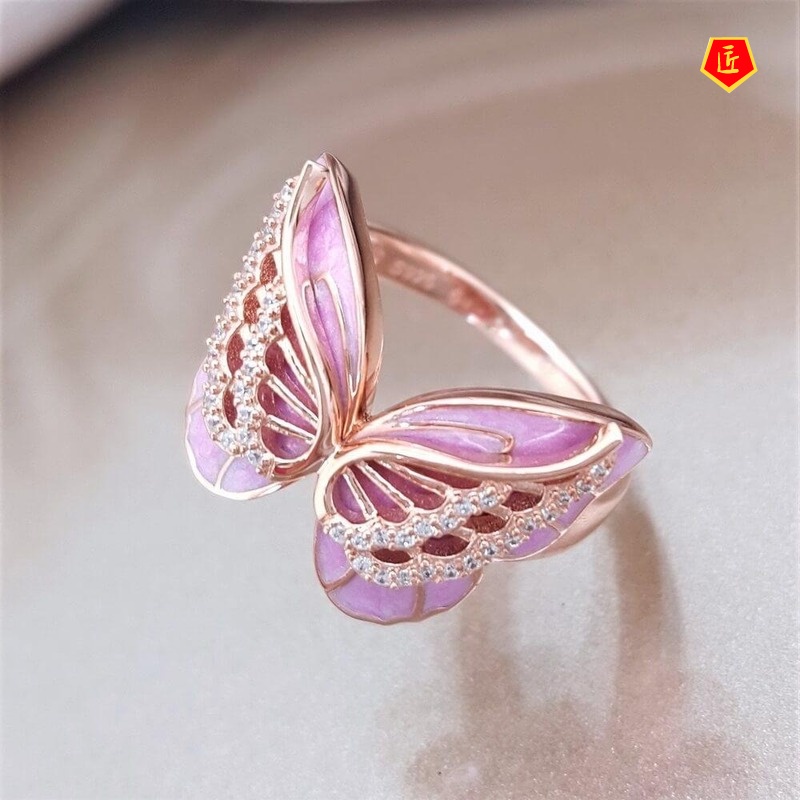 [Ready Stock]Diamond Pink Butterfly Ring 18K Rose Gold Simple Sweet