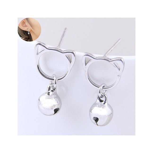 LRC Anting Tusuk Fashion Silver Copper Plated Gold Bells Cat Stud Earrings A59113