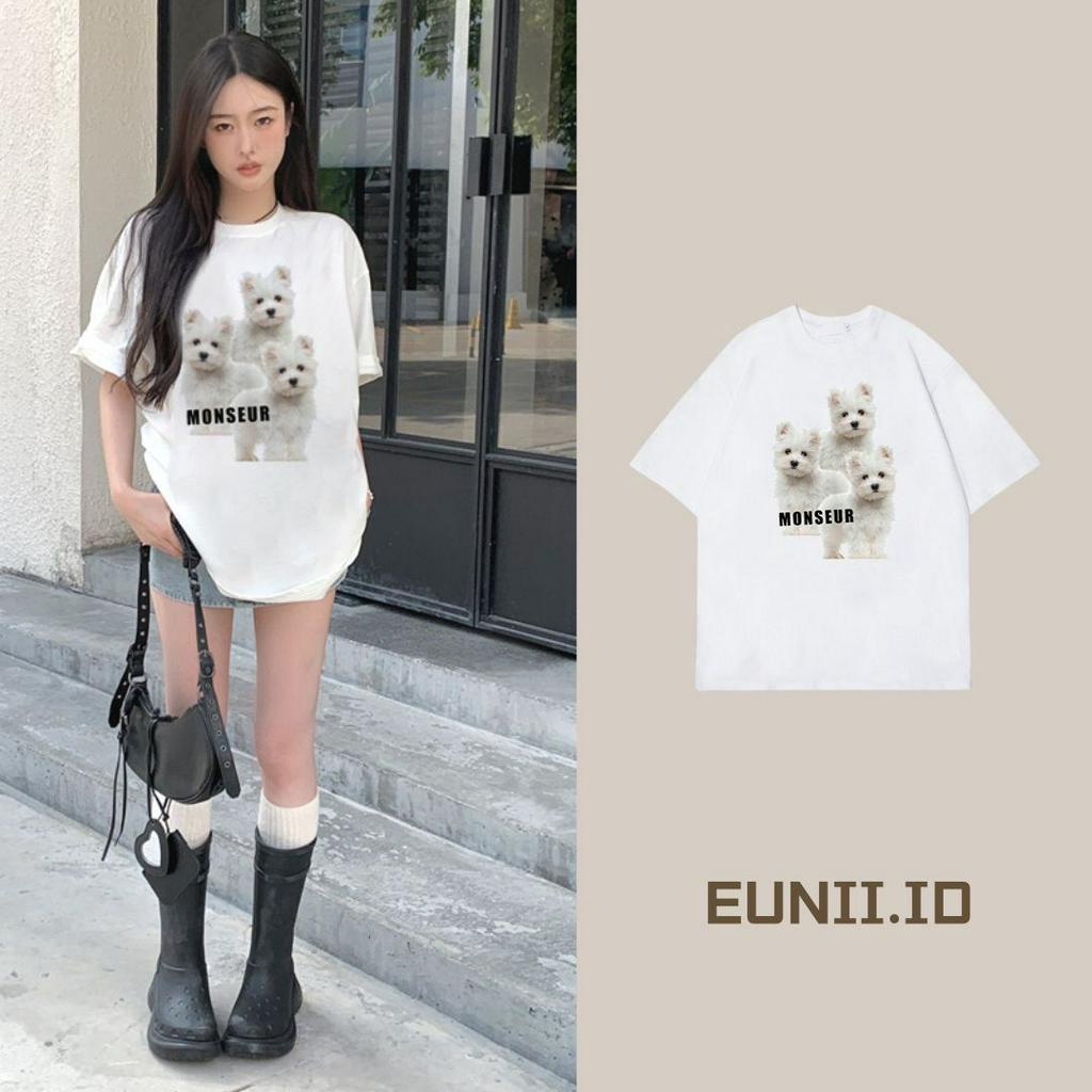 EUNII T-shirt Lengan Pendek Cartoon Monseur Dog Korean Style/Kaos Atasan Wanita/Baju Kaus Oversize Wanita/Kaos Wanita