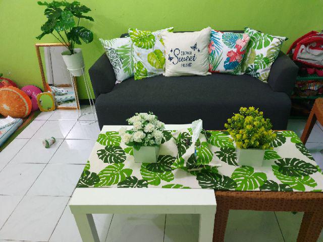 Taplak Meja Tamu Panjang Minimalis Mewah Modern Rumbai Tassel - Motif Daun Monstera