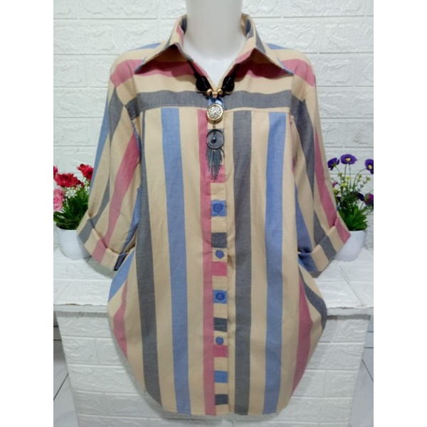 Kemeja wanita atasan motif salur bahan katun KM039A-4
