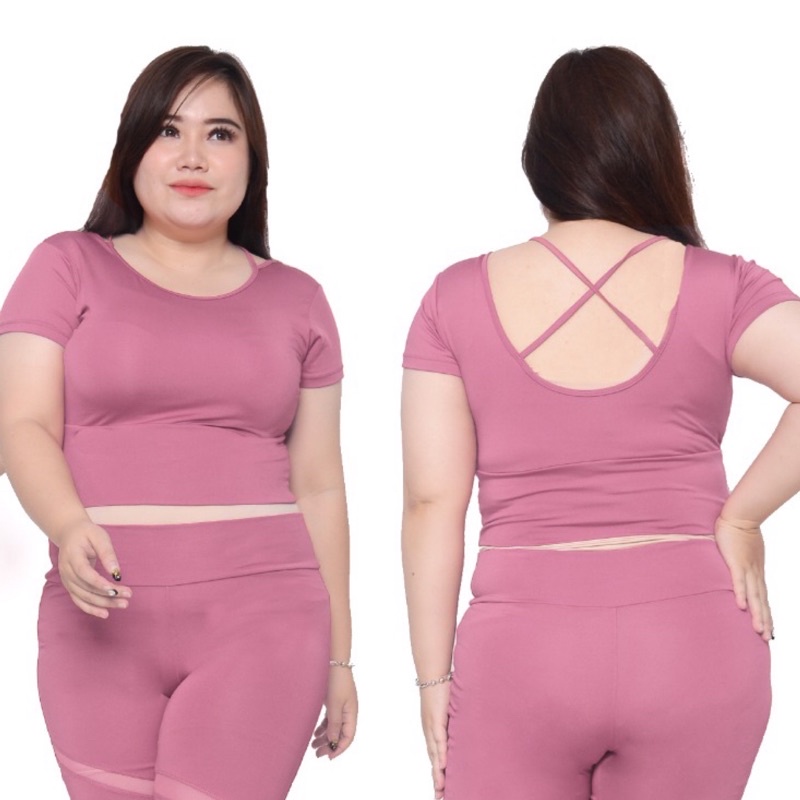 Atasan senam aerobik zumba yoga gym fitness model Jumbo crop lengan X