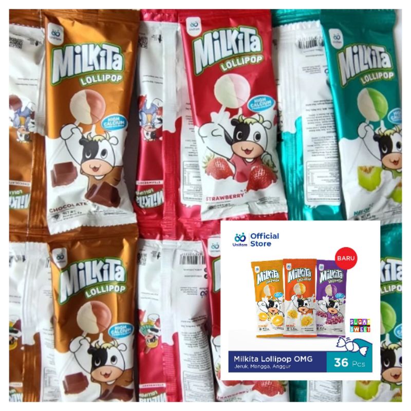 

Milkita Lollipop OMG Assorted Rasa Coklat / Stroberi / Jeruk / Mangga / Anggur isi 36 Pcs