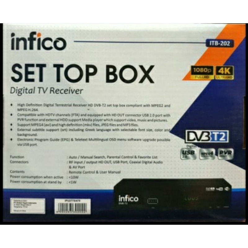 SET TOP BOX DVB T2 INFICO ITB-202 RECEIVER TV DIGITAL