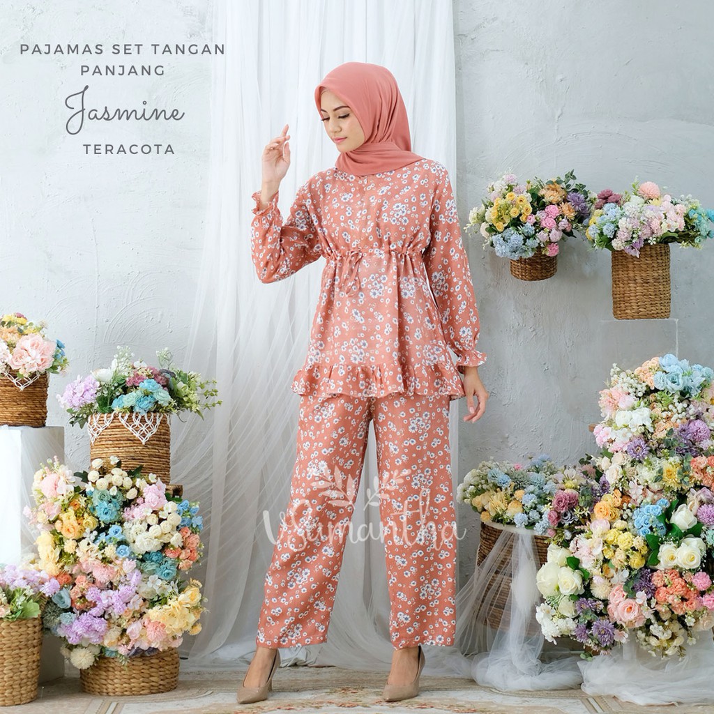 vSamantha - Pajamas Set / Piyama Set Muslim Rayon Rempel Busui Friendly - Tangan Panjang-Jasmine Teracota