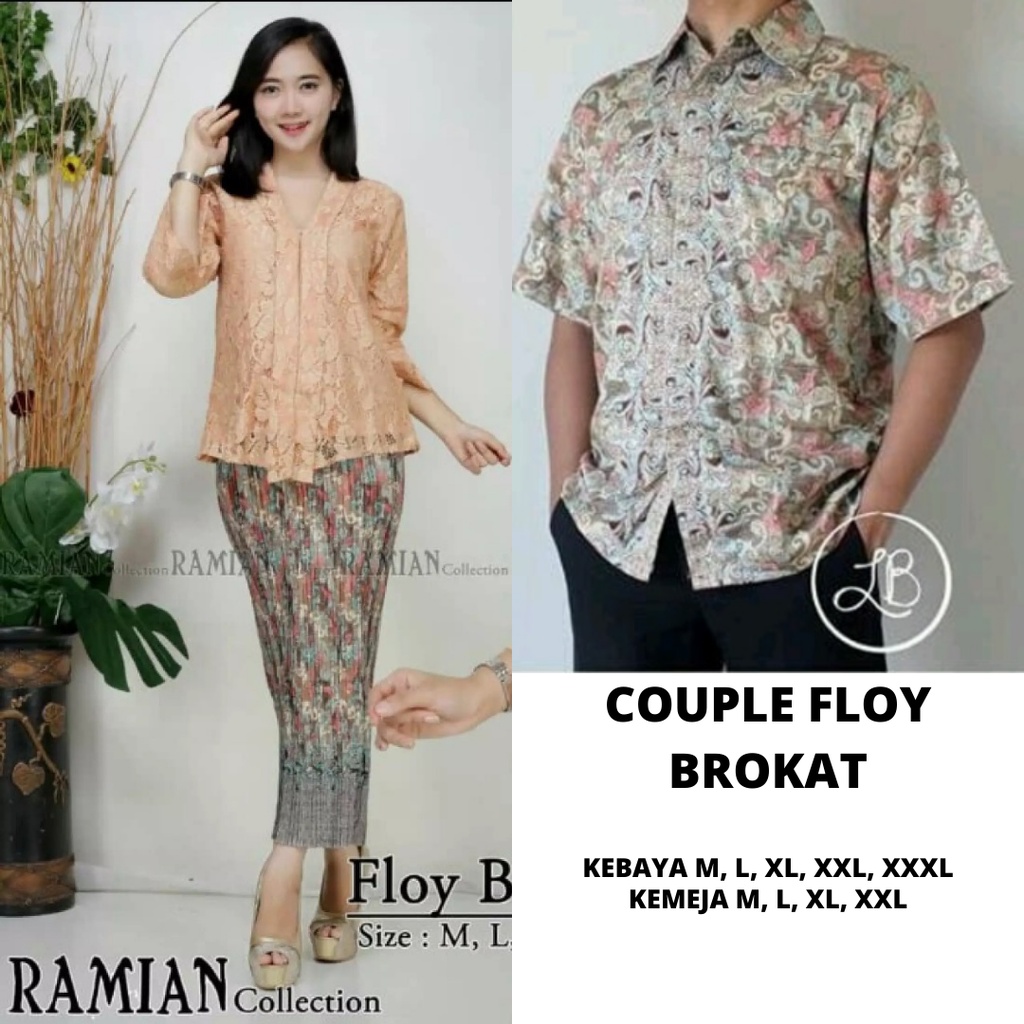 SETELAN KEBAYA COUPLE / BATIK COUPLE FLOY BRUKAT PEACH DAN KEMEJA