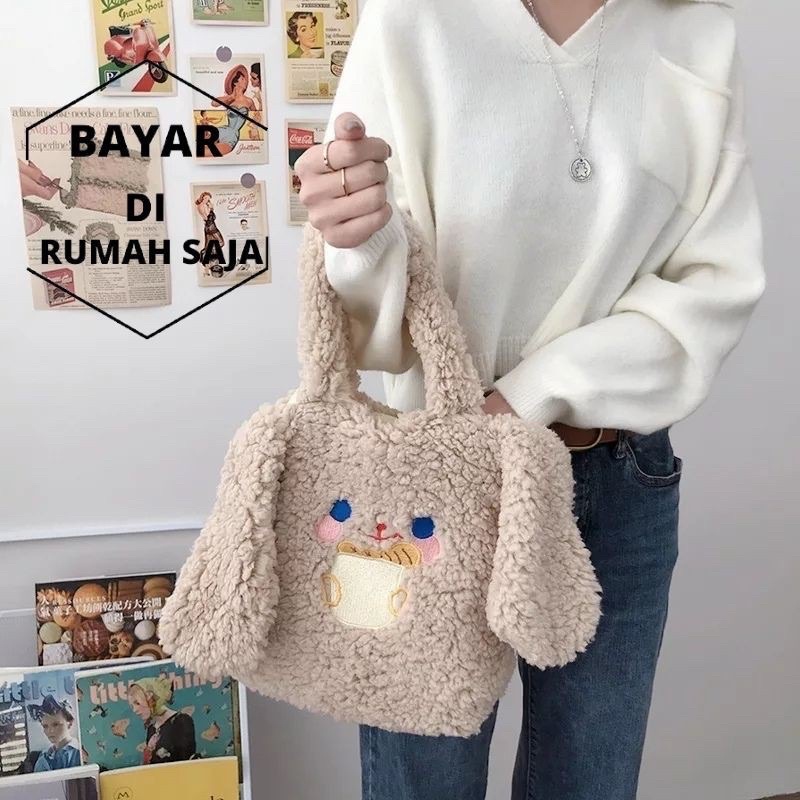 Shoulder Tote Bag Motif Boneka Kelinci Piyopiyo Tas Selempang Bahu Bahan Bulu Bludru Plush Fluffy Fur Sling Bag Rabbit Tas Wanita