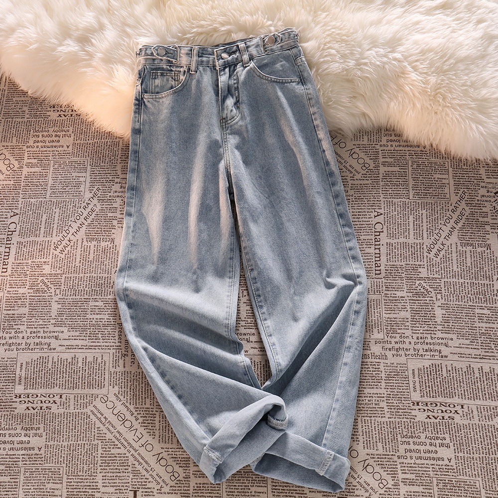 Biru Korea Highwaist Loose Kasual Celana Jeans Panjang Wanita(Pinggang bisa penyesuaian)