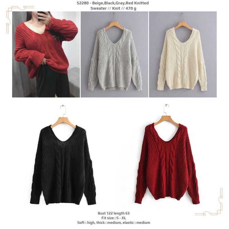 52280 Beige Black Gray Red Knitted Sweater / Sweater Krem Hitam Abu-Abu Merah