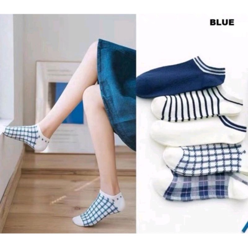 [ COD ] Kaos Kaki Wanita Pria Unisex Motif Garis Kotak Simple Polos Biru Dongker / Kaoskaki Wanita Pendek Semata Kaki / Kaos Kaki Korea Style-2