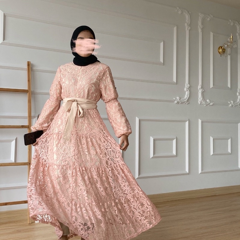 Shinta Premium Maxi Brokat Import Dress with Obi Belt / Gamis Brukat Pesta Wanita Mewah Elegant Busui Friendly dengan Sabuk