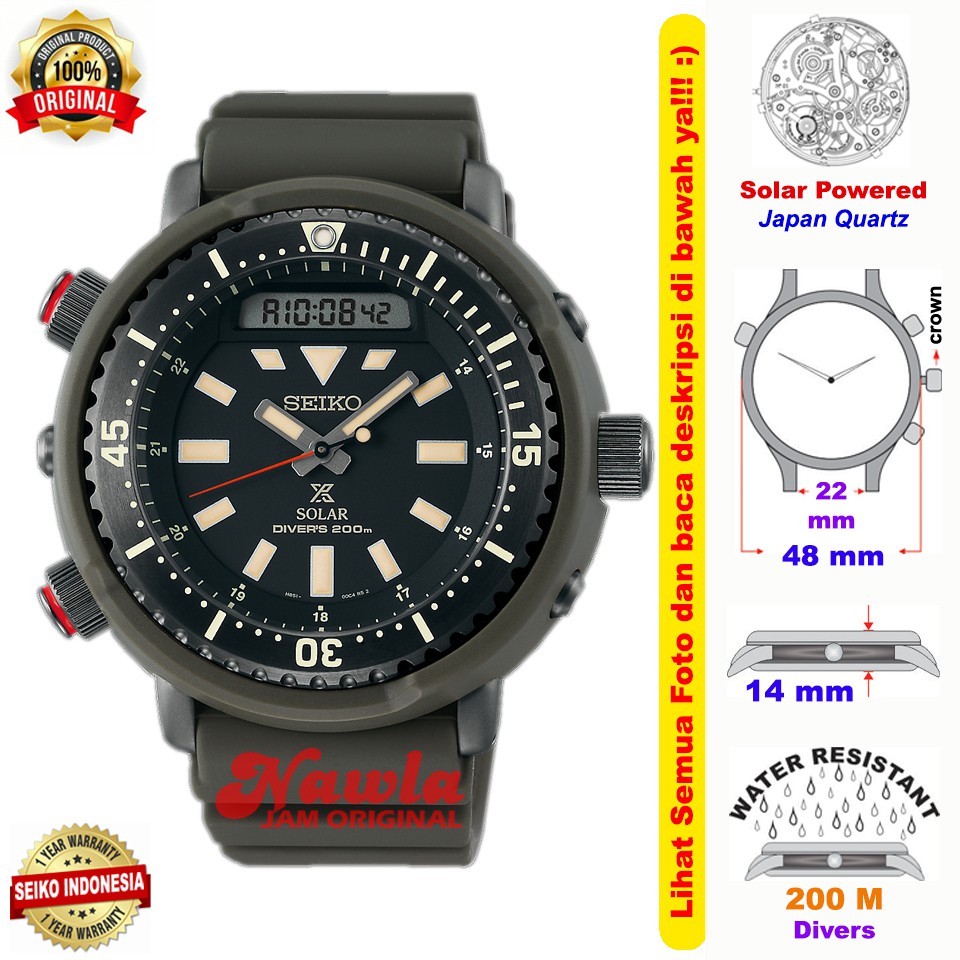 Seiko Prospex SNJ031P1 Solar Arnie Divers Analog Digital Black Dial - Jam Tangan Pria SNJ031 Green