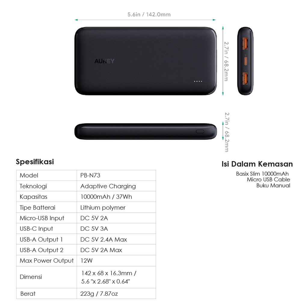 AUKEY PB-N73 BASIX SLIM 10000 - Powerbank 10000mAh Dual Input Output - GARANSI DISTRIBUTOR 24 BULAN