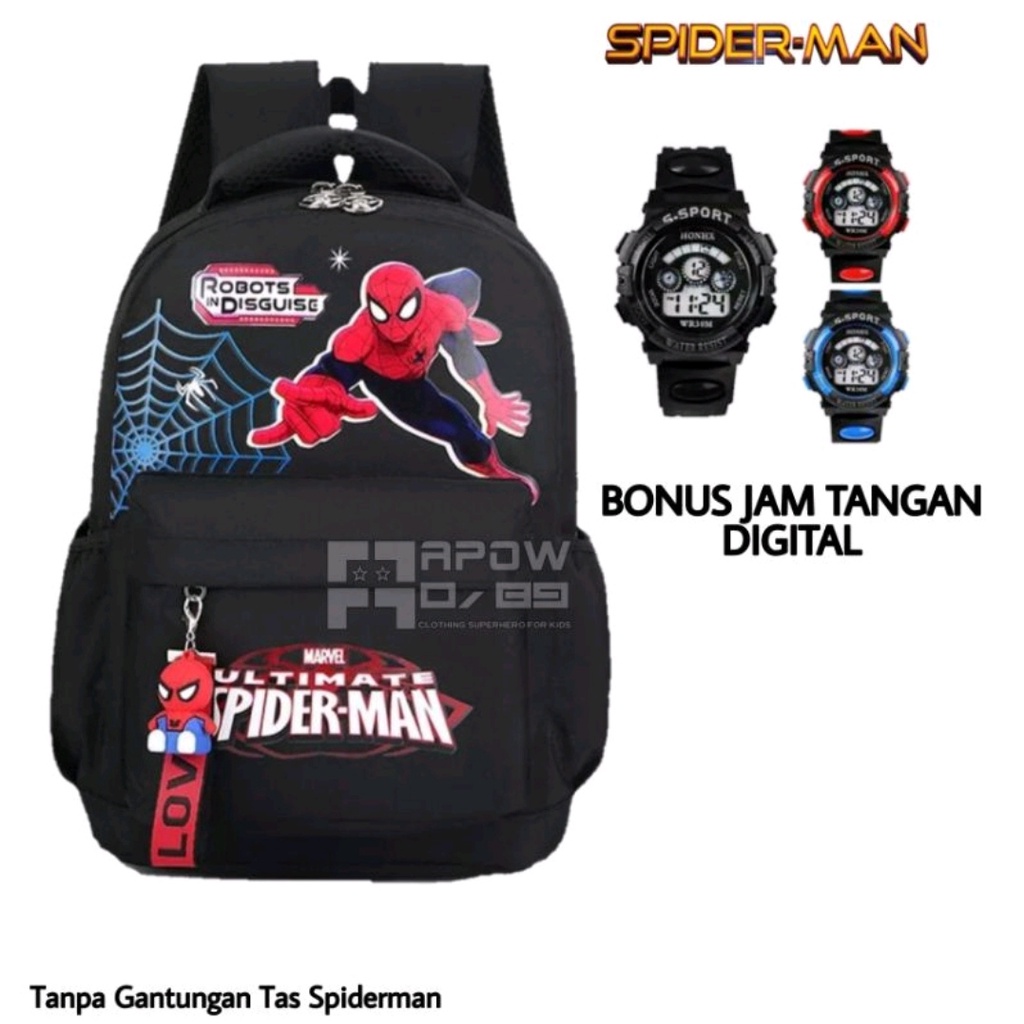 RANSEL SEKOLAH ANAK TK-SD KALAKTER SUPERHERO SPIDERMAN FREE JAM TANGAN G-SHOCK DAN GANTUNGAN SPIDERM