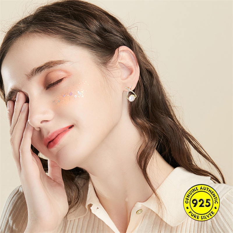 Anting Tusuk Motif Huruf X Hias Mutiara Imitasi Lapis Emas 18k Untuk Wanita