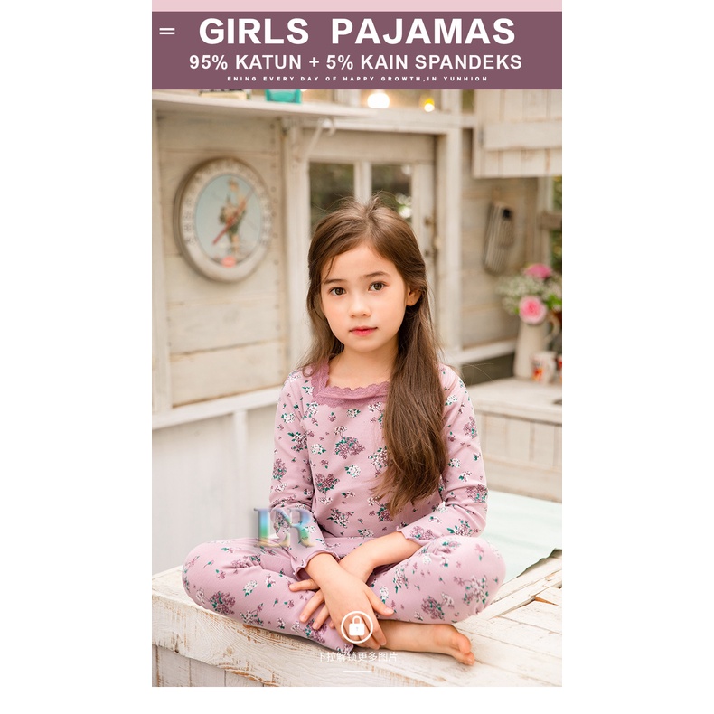 LNR Shop PA-002 PA-011 Baju Anak Perempuan Bunga Terbaru 2021 Baju Celana Lengan Panjang 1 Set Bahan 95% Katun Halus Lembut Tebal Cewek Baju Tidur Musim Dingin HYTS Girls Pajamas