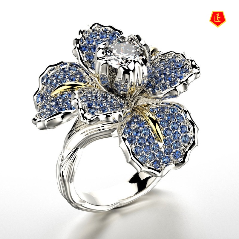 [Ready Stock]Micro-Inlaid Diamond Two-Tone Floral Ring Fashionable and Elegant