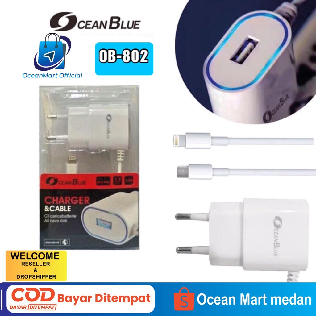 Travel Charger HP Ocean Blue OB-802 Kabel Type C Adapter Fast Charging 1Amper Aksesoris Handphone HP OCEANMART OCEAN MART Murah Grosir