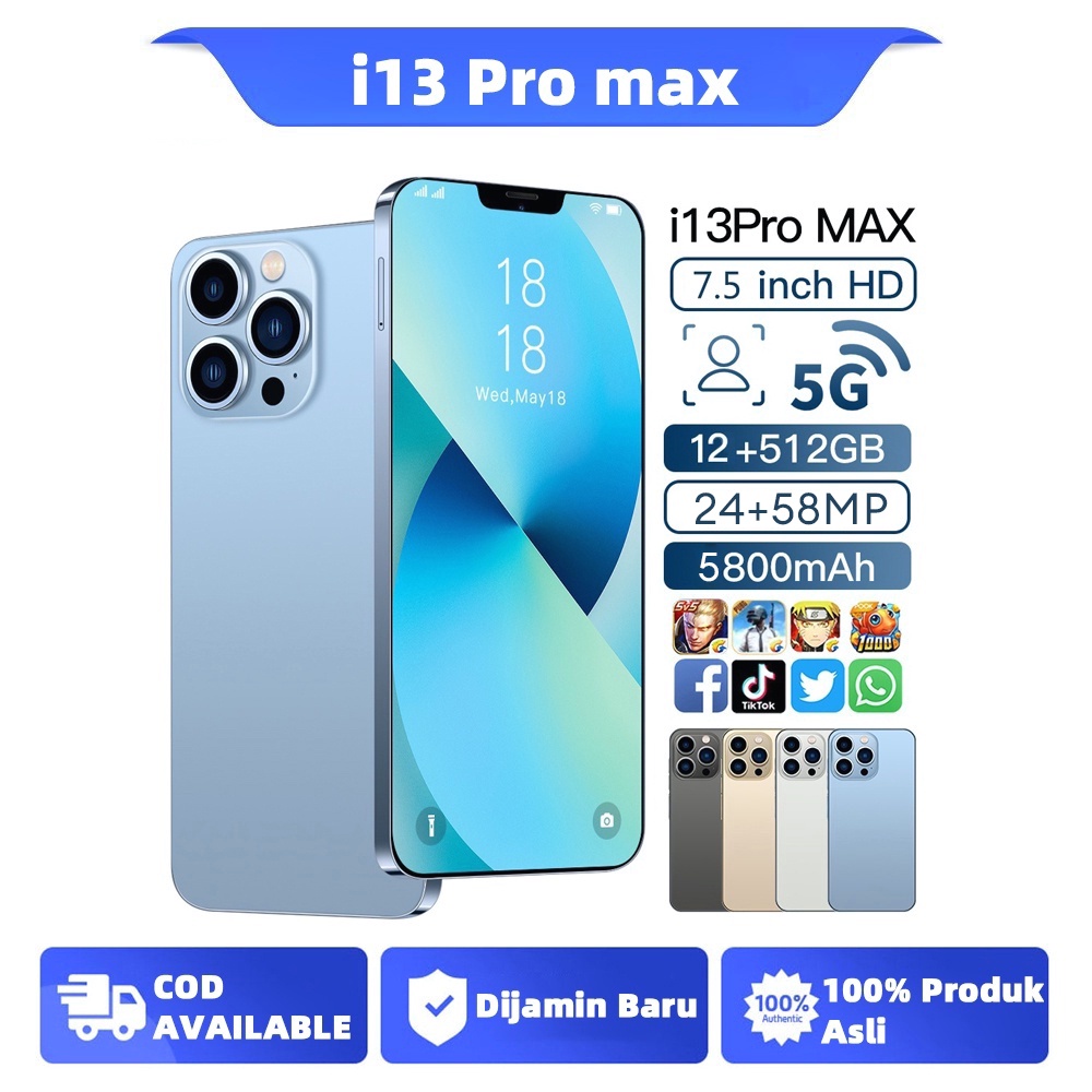 【Preferred Store】Smartphone Asli i13 Pro Max Android 12GB RAM + 512GB ROM hp murah Handphone Layar 7,5 inci Kamera HD Google Player 5G Telepon Bluetooth Moible phone