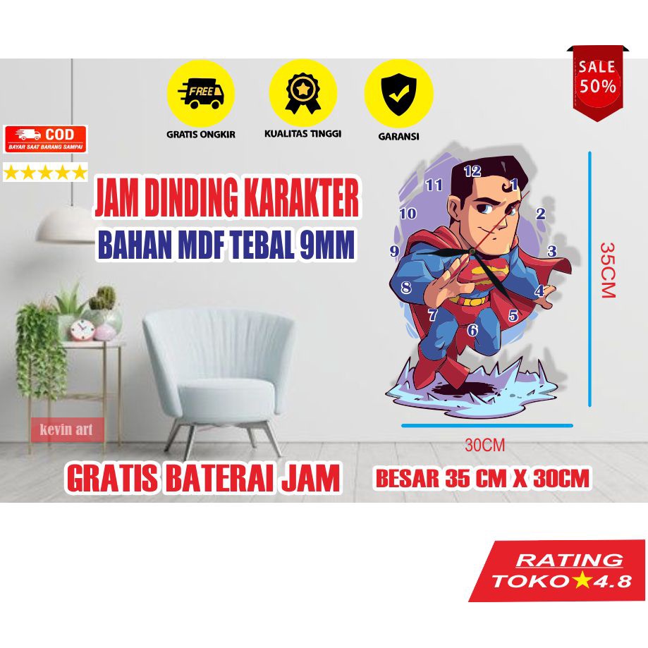 JAM DINDING KAYU UNIK KARAKTER SUPERMAN TERBARU PALING LARIS BESAR KARAKTER TEMPEL TEMBOK 3D DEKORASI DINGDING KEREN KOLEKSI HADIAH KADO ULANG TAHUN