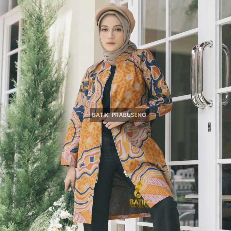 Batik Prabuseno Motif Clara Tunik Wanita Lengan Panjang Outer Untuk Kondangan Kerja Bahan Katun Prin