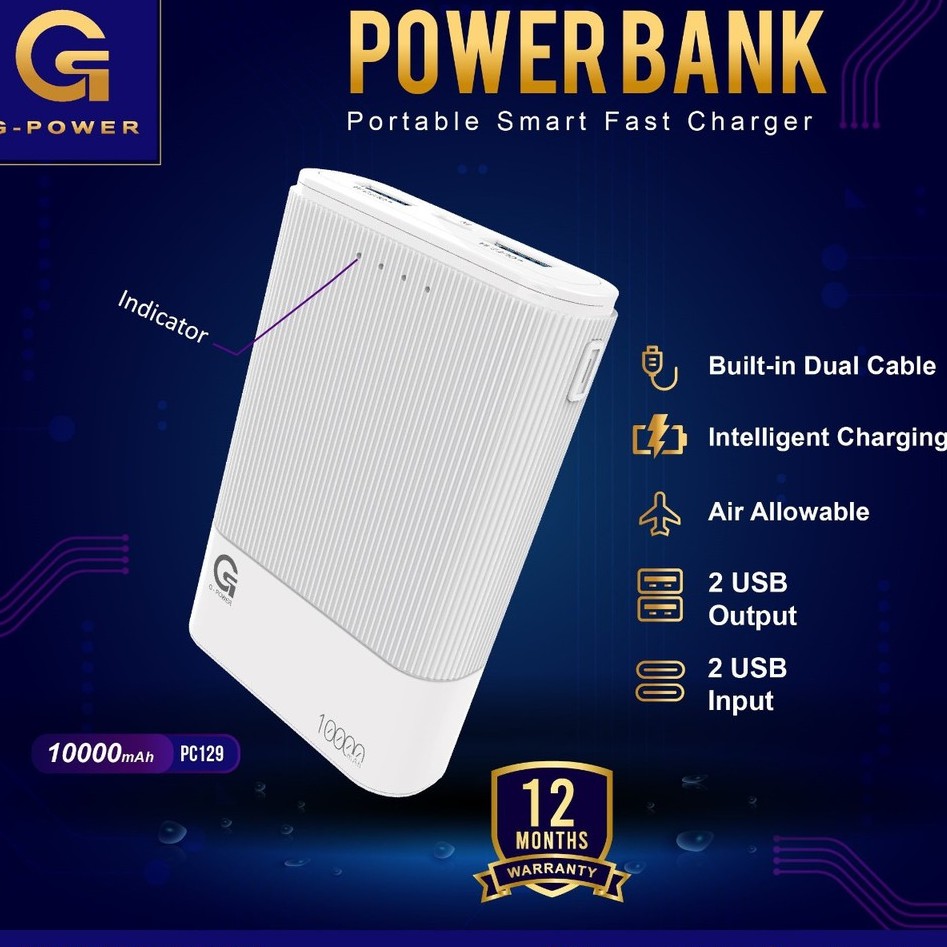 GPOWER POWERBANK PC129 10000mAh with BUILT-IN DUAL CABLE, INTELLIGENT CHARGING GARANSI 1 TAHUN