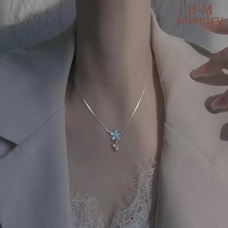 Kalung Collarbone Desain Bunga Biru Untuk Wanita