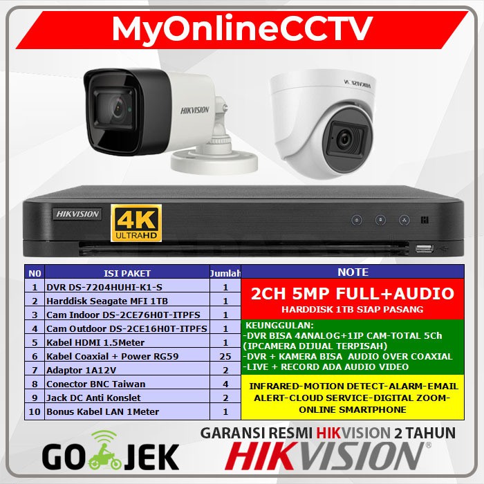 PAKET CCTV HIKVISION 2 KAMERA 5MP FUll Audio DVR 4 CHANNEL