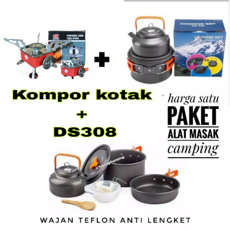 Paket Cooking set teko DS 308 + Kompor Windproof kemping Nesting camping cooking set ds 308