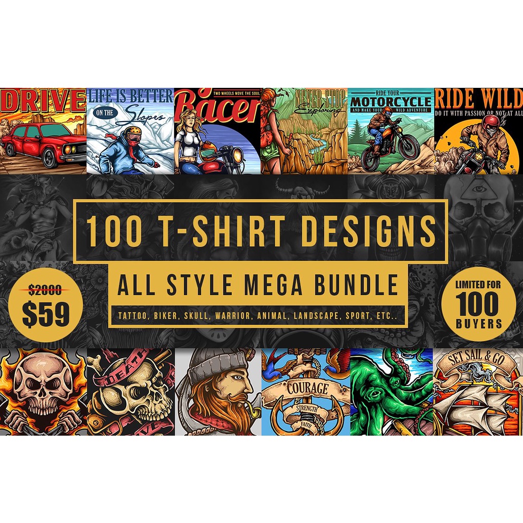 100 T-Shirt Designs Mega Pack - Vector Designs