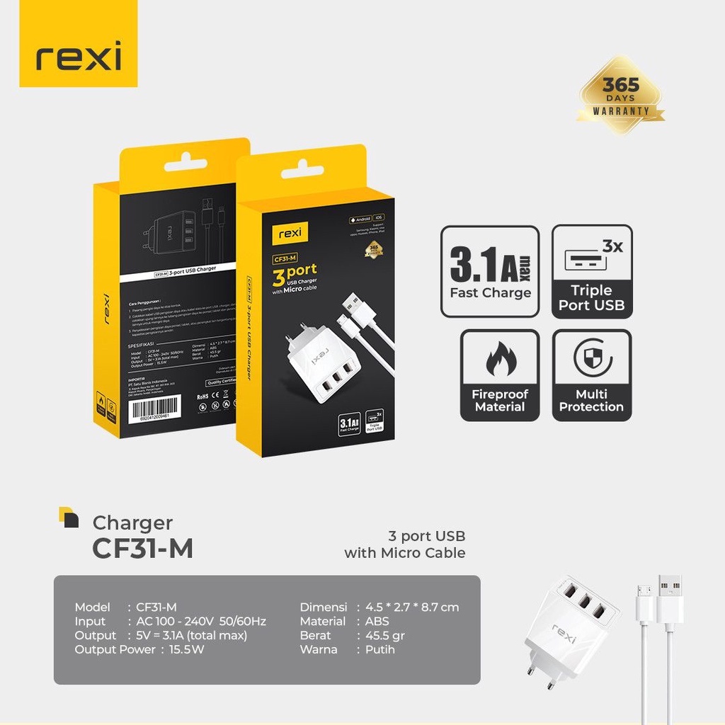 3 port USB charger with micro cable CF31-M rexi + Kabel Data GARANSI 1 TAHUN