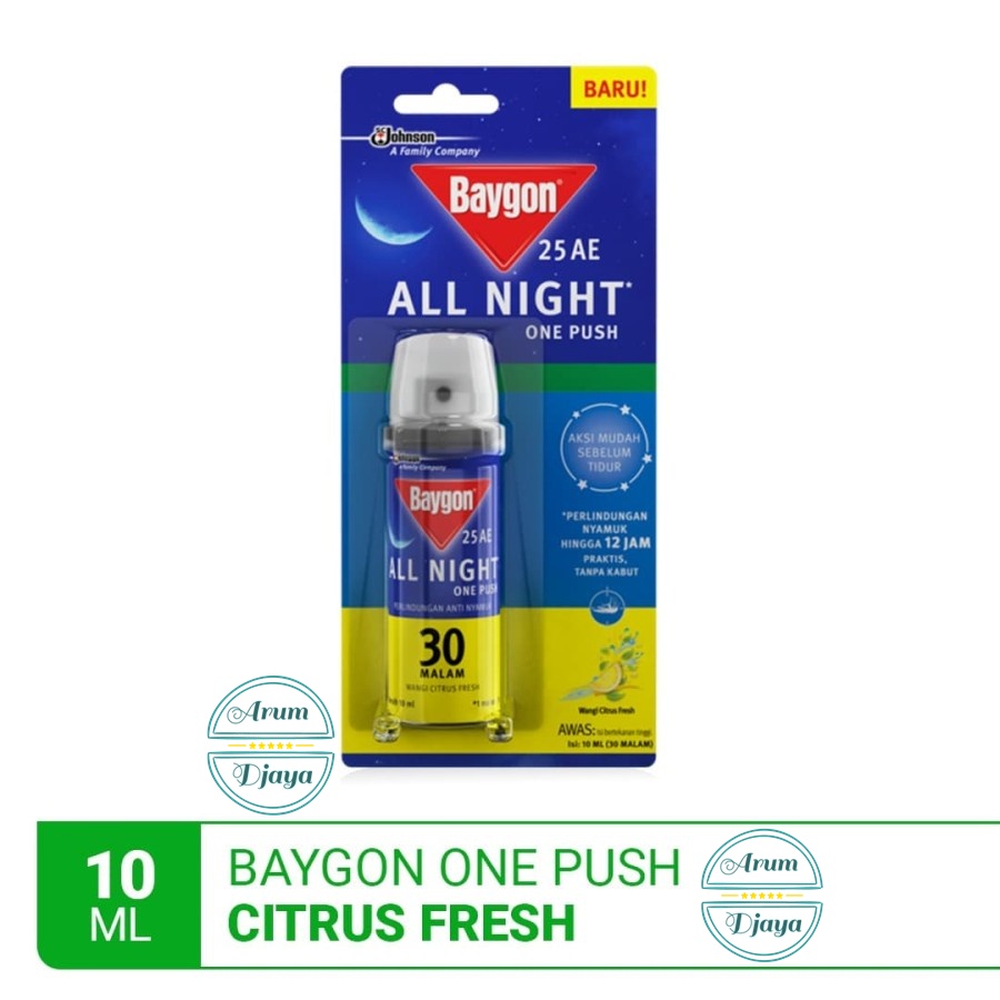 Baygon One Push Citrus Fresh 10ml - Baygon Obat Nyamuk Sekali Semprot Malam