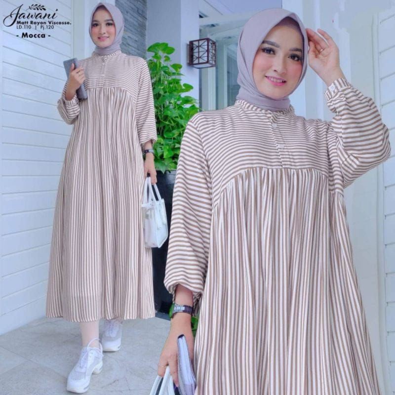 Midi Dress Wanita Muslim Jumbo Korea Katun Motif Salur Garis Terlaris