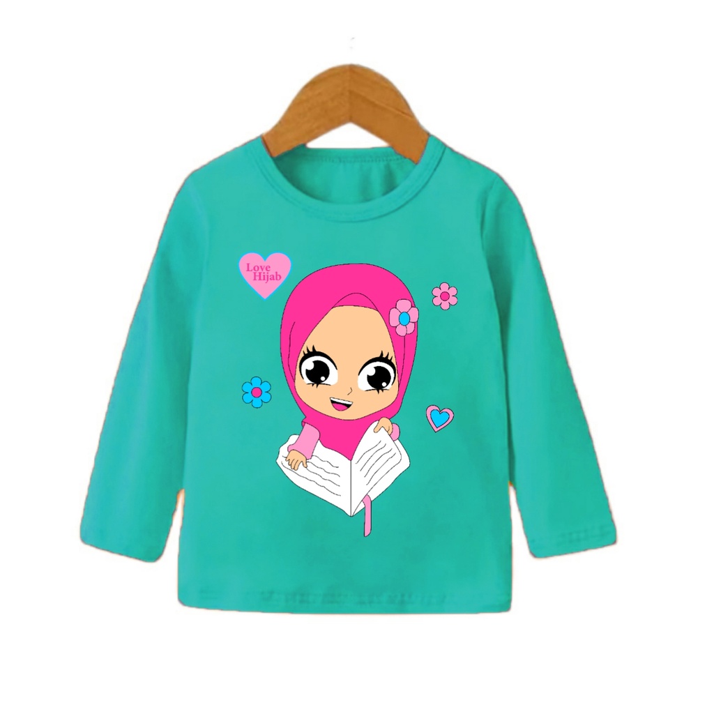 kaos anak perempuan lengan panjang muslimah gambar Hijab sablon real picture kode 002 pjg