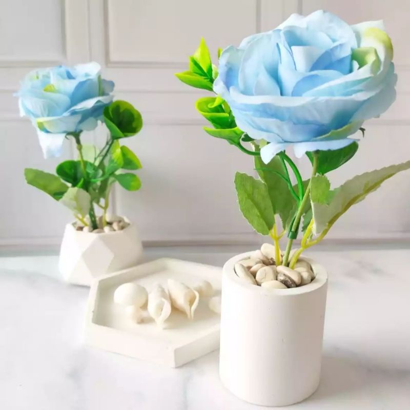 [ PROMO TERMURAH ] Bunga Artificial Rose Blue termasuk Pot Concrete - Dekorasi Rumah - Bunga Import Grosir Murah