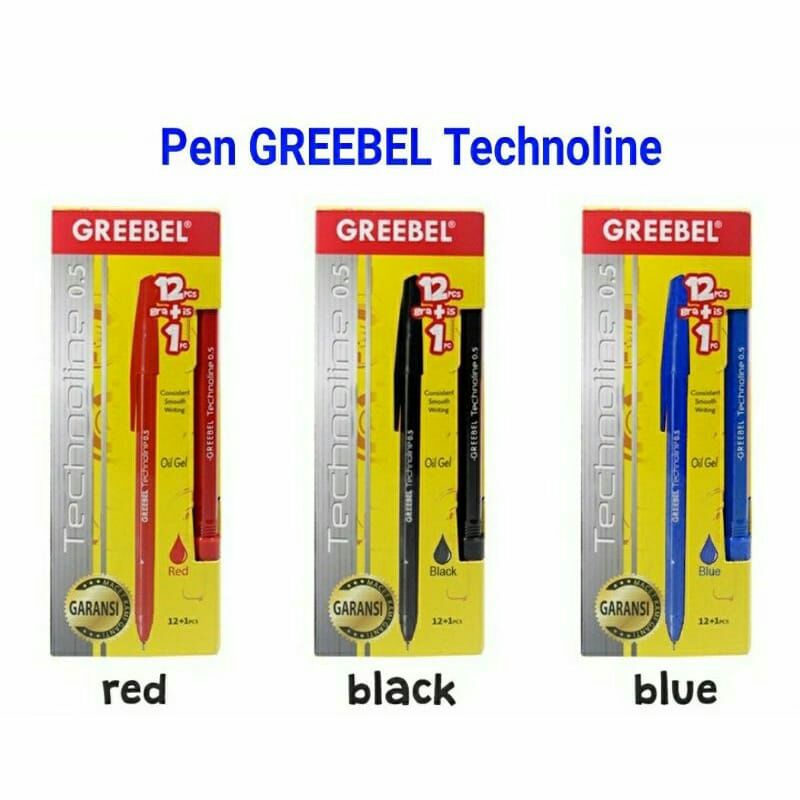 

[1 pak] pulpen pen GREEBEL technoline 0.5 mm biru merah isi 12 BONUS 1 pcs