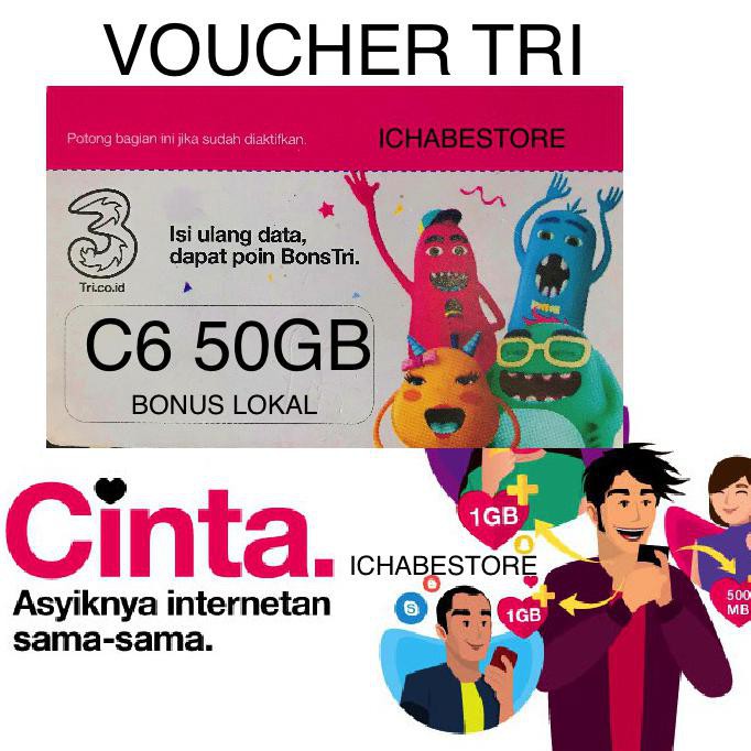 Best Seller Tri Cinta 6 50gb Voucher BONUS LOKAL kuota internet data c6 Murah