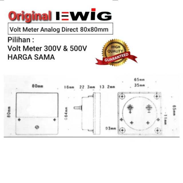 Volt Meter Analog EWIG 300V &amp; 500V 80x80mm.