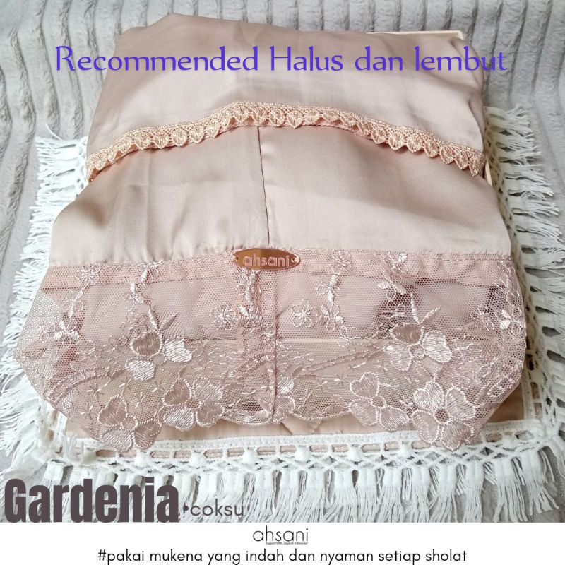 GARDENIA MUKENA DEWASA AHSANI BAHAN ARMANI ADEM LEMBUT RINGAN MEWAH CANTIK RUKUH DEWASA PUTIH MUKENA